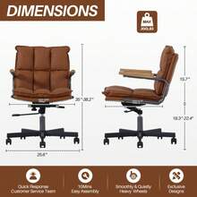 Home Office Desk Chair, Ergonomic Leather Computer Chair With Wheels And Oak Armrests, Height-Adjustable Swivel Executive Chair WL - 棕色+PU皮革 - 查看 4