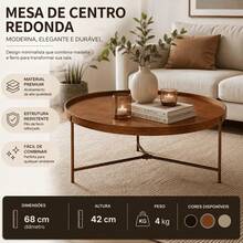 Mesa De Centro Redonda Moderna Para Sala Pés De Ferro - Marrom - Visão 2