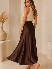 Women's Long Satin Skirt With Zipper. - 咖啡棕 - 查看 4