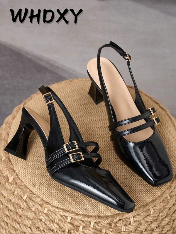 WHDXY Glossy Ruched Black Double Thin Strap Multi-Metal Buckle Square Toe Open Back Flared Block Heel Sandals, Office Commute High Heel Women's Shoes, Suitable For Daily Work, Light Business Meetings, Elegant Dates, Evening Gatherings, Professional Elegant Outfits
