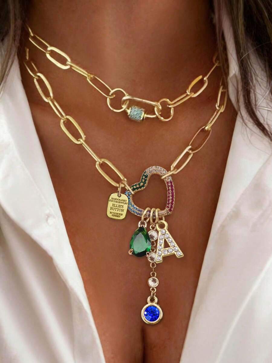 1pc Gold Letter Necklace, Luxury Heart-Shaped Lock With Lock And Green Diamond Pendant Necklace, Exquisite Holiday Party Gift For Women - Yellow Gold - View 1