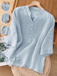 Women's Summer Autumn Elegant Vintage Artistic Casual 100% Cotton Solid Color Non-Positioned Embroidery Cotton Linen Loose Fit Daily Commute Blouse, Holiday Vacation Outing Versatile Cotton Embroidered Elegant Shirt, Commute Business Casual Office Tea Party Versatile Embroidered Blouse - Blue - View 3