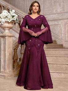Plus Size V-Neck Floral Lace Sequin Patchwork Contrast Mesh Long Sleeve Mermaid Hem Evening Party Dress, Wedding Guest Dress, Prom Dress, Birthday Suitable - Maroon - View 5