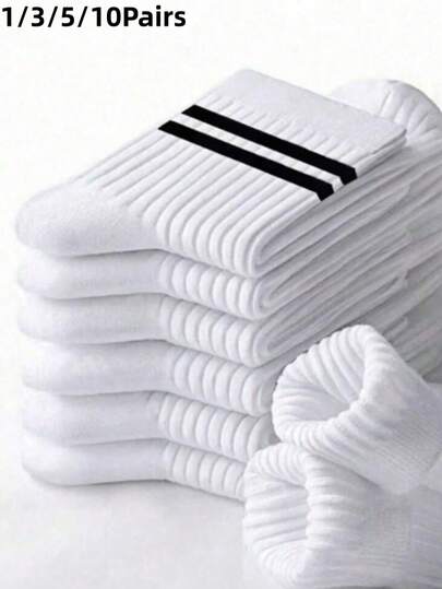 1/3/5/10 Pairs Black & White Striped Thick Mid-Calf Socks, Comfortable Breathable Business Casual Socks, Shark Series, Soft & Lightweight