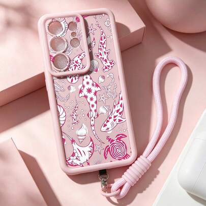1pc Pink TPU Thick Protective Phone Case With Turtle Fish Pattern + Detachable Hand Strap Accessory, Perfect For Girls' Daily Use, Compatible With Galaxy S26/S25/S24/S23/Galaxy A17/A57/ Y17S/ A3X/ A40 And Honor 200/ Smart 8/ Hot 40i/ Moto G22 Android Series