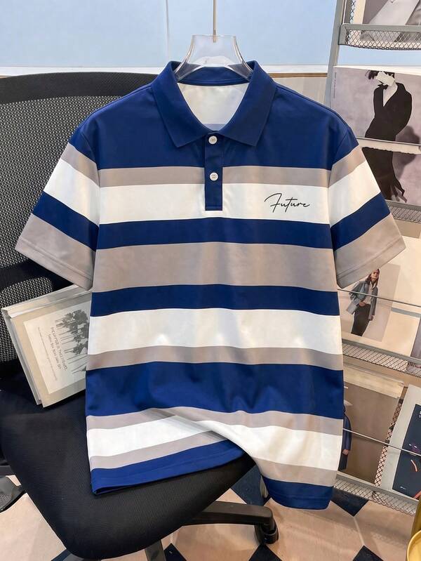 1pc Boys' Classic Retro Color Block Striped Design Short Sleeve Polo Shirt, Casual Daily Wear, Spring/Summer