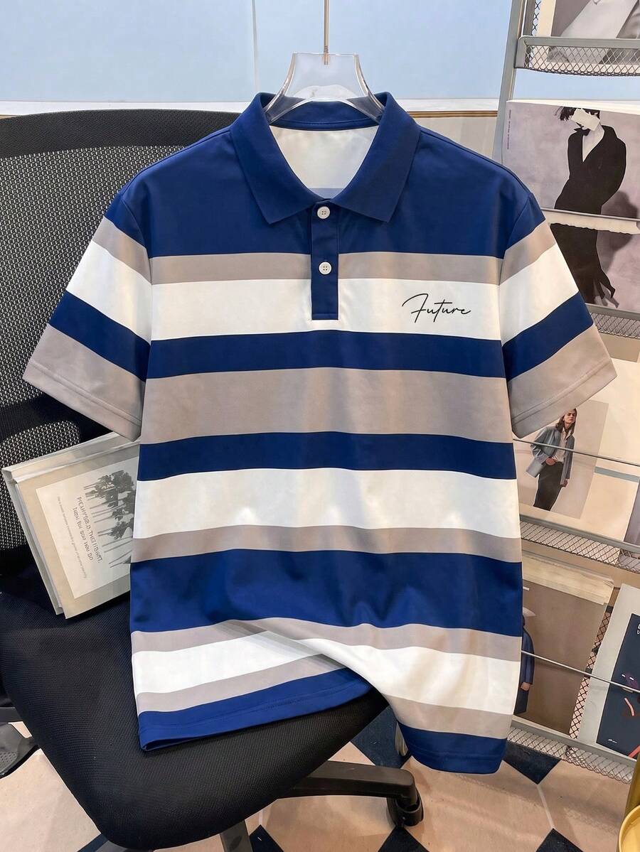 男童经典复古撞色条纹短袖polo衫,休闲日常穿着,春夏款 - 藍色 - 查看 1