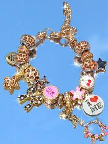 1pc Leopard Print Cherry Blossom Bow Polka Dot Charm Bracelet, Love Yourself Slogan Bracelet, Leopard Heart Music Festival Bracelet - Gold - View 2