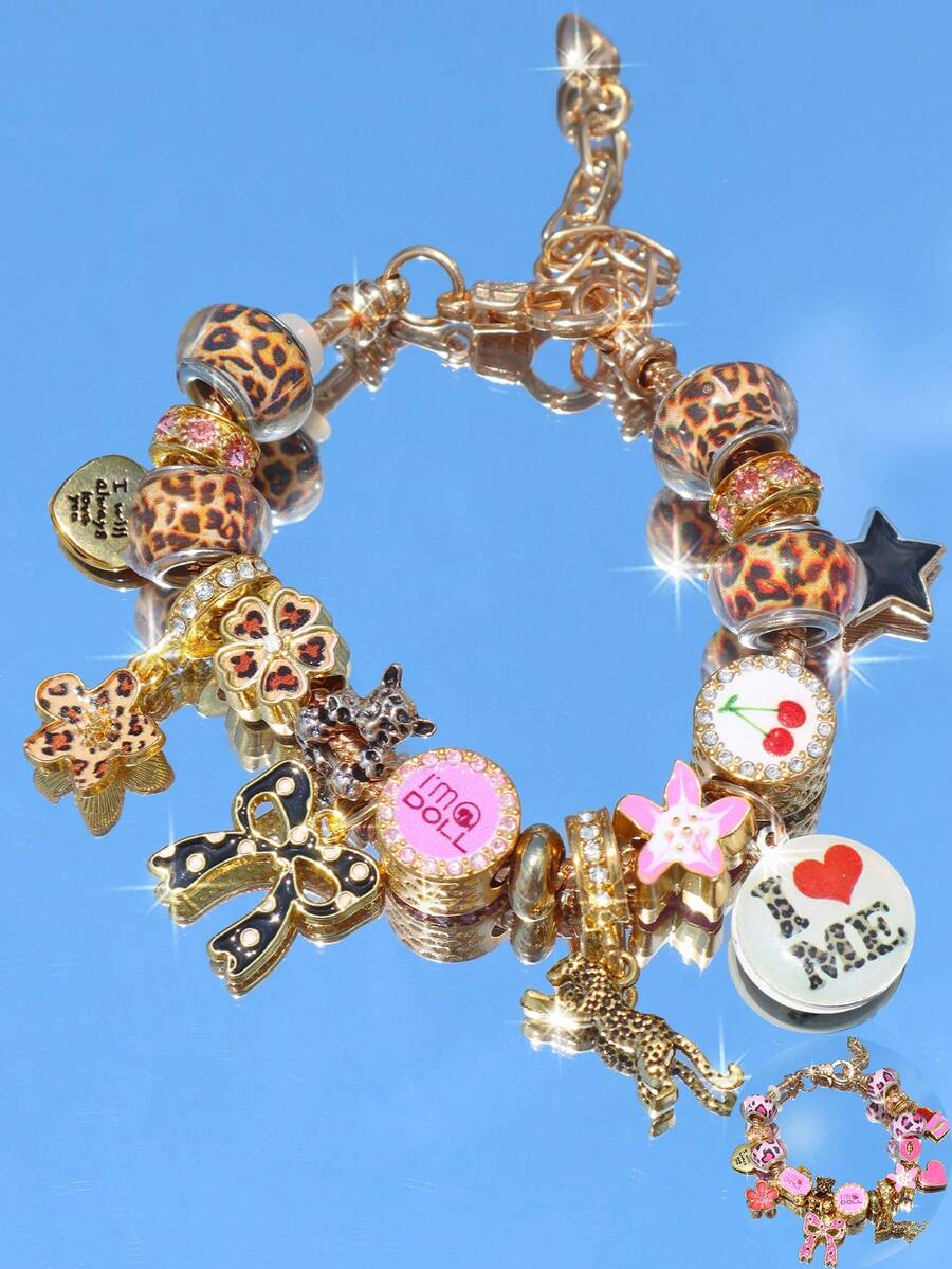 1pc Leopard Print Cherry Blossom Bow Polka Dot Charm Bracelet, Love Yourself Slogan Bracelet, Leopard Heart Music Festival Bracelet