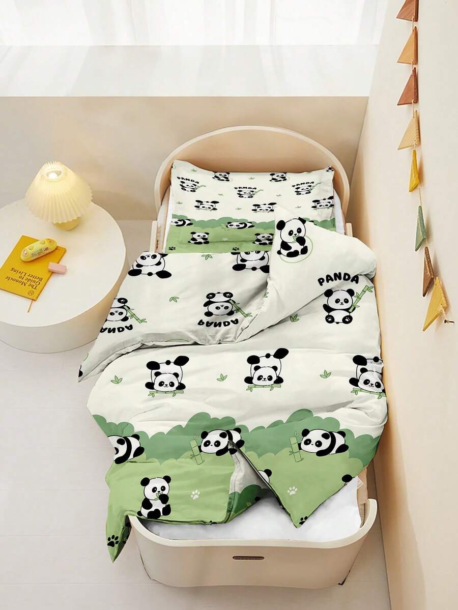 2PCS Set Perlengkapan Tidur Anak Motif Panda Kartun Lucu, Selimut Motif Bambu Hijau dengan Sarung Bantal untuk Dekorasi Kamar Tidur Balita - MultiWarna - View 1
