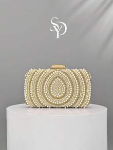 1pc Square Gold Multi-Layer Pearl Rhinestone Evening Clutch, Metal Square Buckle Luxury Dress Handbag, Detachable Chain Crossbody Small Bag For Bride Wedding Bridesmaid, Annual Meeting Party Elegant Cheongsam Accessory Bag - Gold - View 1