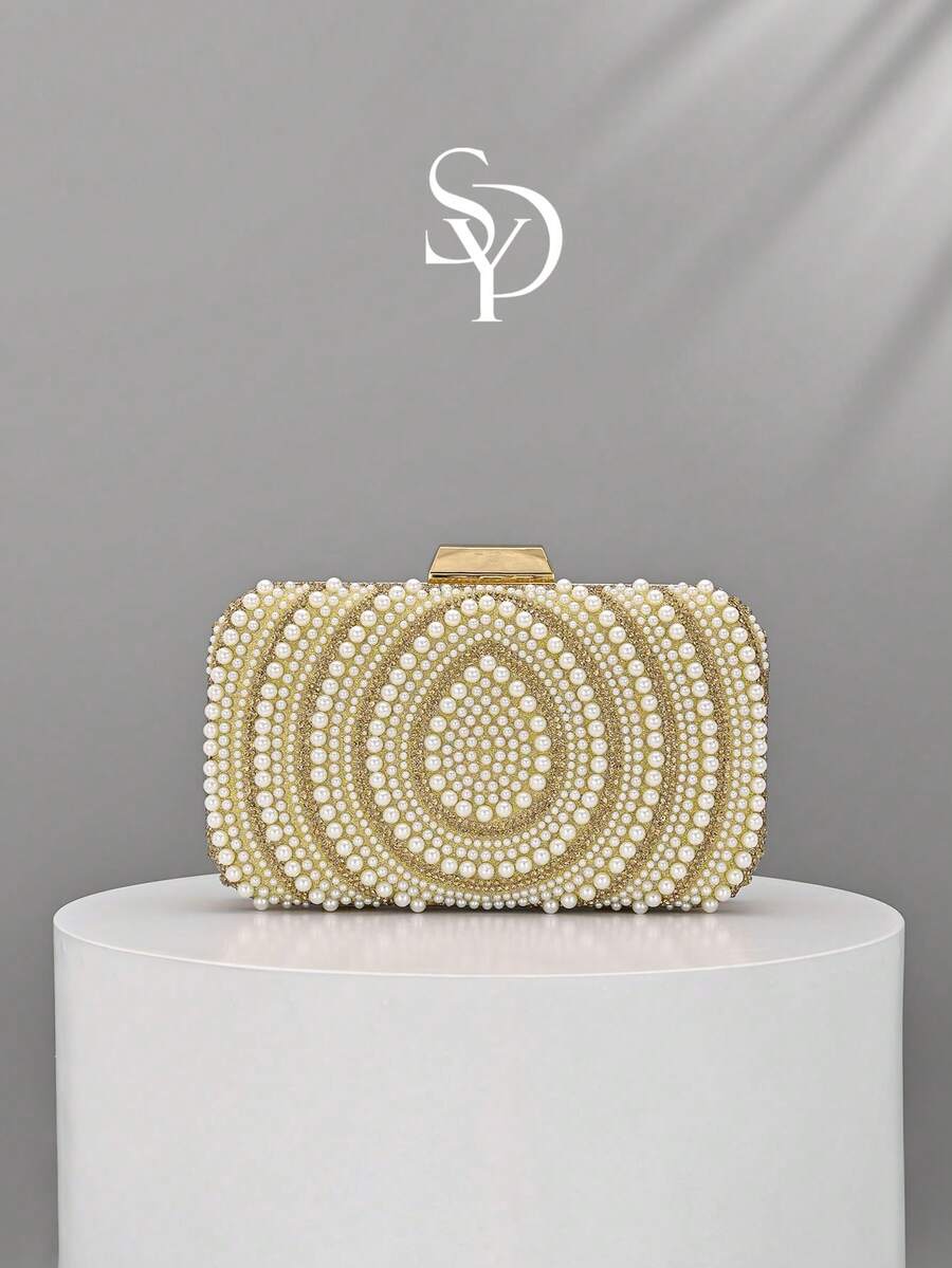 1pc Square Gold Multi-Layer Pearl Rhinestone Evening Clutch, Metal Square Buckle Luxury Dress Handbag, Detachable Chain Crossbody Small Bag For Bride Wedding Bridesmaid, Annual Meeting Party Elegant Cheongsam Accessory Bag - Gold - View 1