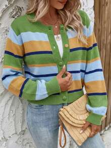 Cardigan Kancing Depan Bergaris Warna-warni Bergaya Prancis yang Elegan dan Intelektual untuk Wanita, Cocok untuk Pemakaian Sehari-hari, Kencan, dan Lainnya. - MultiWarna - View 3