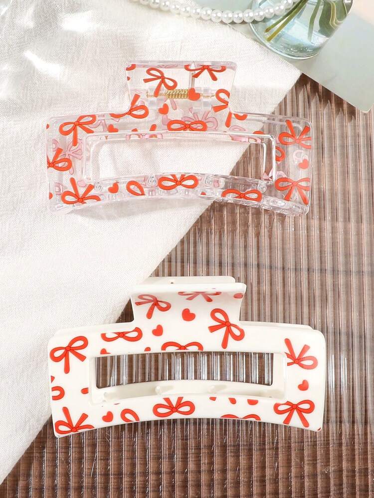 2pcs Vintage Red & White Bow Print Square Hair Claw, High Top Bun Half-Up Ponytail Clip, Sweet Minimalist Vacation Picnic Hair Accessory - Multicolor - View 2