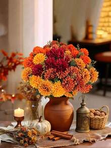 1/4pcs 6-Prong Spherical Artificial Chrysanthemum, For Room Decoration, Autumn Decoration, Thanksgiving, Halloween Decoration, Home Decor, Wedding, Porch, Farmhouse Style, DIY Autumn Decoration, Artificial Plants, Office, Living Room Decoration, Tabletop Decoration, Fake Flowers, Artificial Flower, Fake Plant, Fall Decor, Gifts For Women, Birthday Gift. - Multicolor - View 3