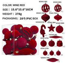 28Pcs Wine Christmas Ornaments Set Flocked Xmas Tree Decorations Assorted Shapes Shatterproof Hanging Ball Plush Star Candy Cane Gift Box Baubles Holiday Party Decor - Burgundy - View 7