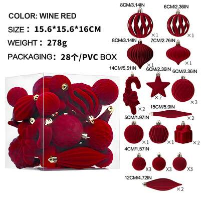 28Pcs Wine Christmas Ornaments Set Flocked Xmas Tree Decorations Assorted Shapes Shatterproof Hanging Ball Plush Star Candy Cane Gift Box Baubles Holiday Party Decor