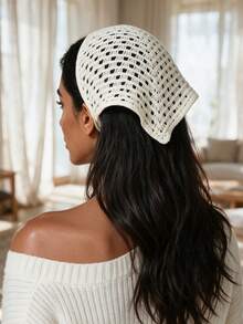1 pezzo Bandana triangolare in stile boho con lavorazione a maglia traforata all'uncinetto, copricapo regolabile con laccio posteriore, decorazione per capelli per spiaggia, viaggi, vacanze e servizi fotografici - Multicolore - Visualizzare 3