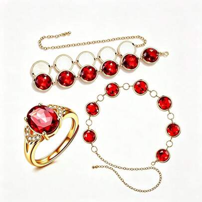 3-Piece Decorative Set Including 2 Adjustable Chain Waist Belts And 1 Matching Red Gemstone Finger Accessory, Featuring Large Oval Design