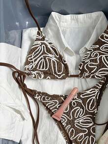 Women's Summer Fashion Asymmetrical Striped Triangle Tie Bikini Set For Vacation - Coffee Brown - View 8