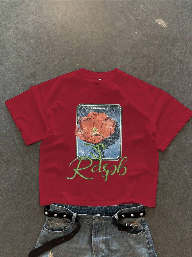 Men's Summer Letter Print Crew Neck Short Sleeve Casual T-Shirt - Red - View 1