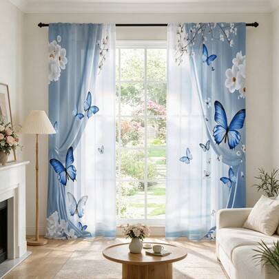 2 Stück elegante blaue Schmetterlinge und weiße Blumen Muster leichte transparente Vorhänge, halbtransparent für Privatsphäre. Einfache Stangendurchzug-Installation, farbecht nach dem Waschen, leicht und waschbar. Ideal für Zuhause, Raum und Küche Dekoration & Raumteiler