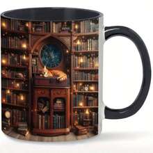 [Whimsical Library Mug] Library-Themed Porcelain Mug - 1 Cup Magic With Bookcase, Sleeping Cat & Lanterns  Elegant Coffee Tea Cup For Book Lovers, Birthday, Valentine's, Easter Gifts - Durable Porcelain Construction, Book Lover Gifts - 黑色 - 查看 7