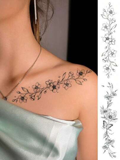2 Sheets Women's Body Art Temporary Tattoo Stickers With Stylish Black Sunflower, Flower, Butterfly Pattern. Waterproof Fake Tattoo That Lasts 2-5 Days And Can Be Attached To Hands, Arms, Neck, Shoulders, Chest, Waist, Legs. Perfect For Holidays