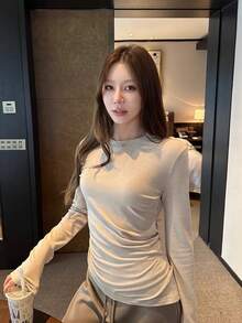Casual Versatile Asymmetrical Hem Knit Inner Layer T-Shirt Top For Women, Autumn/Winter - Khaki - View 2