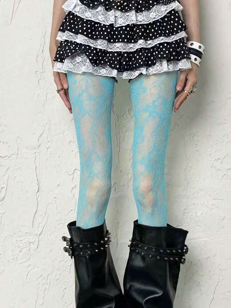 STAR RIVER 1 Pair Floral Hollow Lace Fishnet Tights Y2K Punk Retro Solid Color Stockings Sweet Cool Style Party Street Daily Wear - Multicolor - View 18
