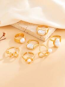 7pcs Set Asymmetrical Baroque Faux Pearl Twisted Flower Textured Open Rings, Multiple Styles Adjustable Wide Band Stackable Rings, Gentle Vintage Atmosphere Accessories, Suitable For Commute Floral Outfit, Girl Daily Wear - Gold - View 4