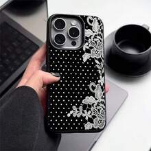 1pc TPU Material Cool Black Background Polka Dot White Lace Pattern Phone Case Compatible With IPhone 17 Pro Max/17/16 Pro Max/15/13/12/11/ S20 FE/A15/S24/A55/ Note 11/Note 12/Note 13 Pro Full Coverage Anti-Drop Soft Shell Phone Protective Cover - Black - View 2