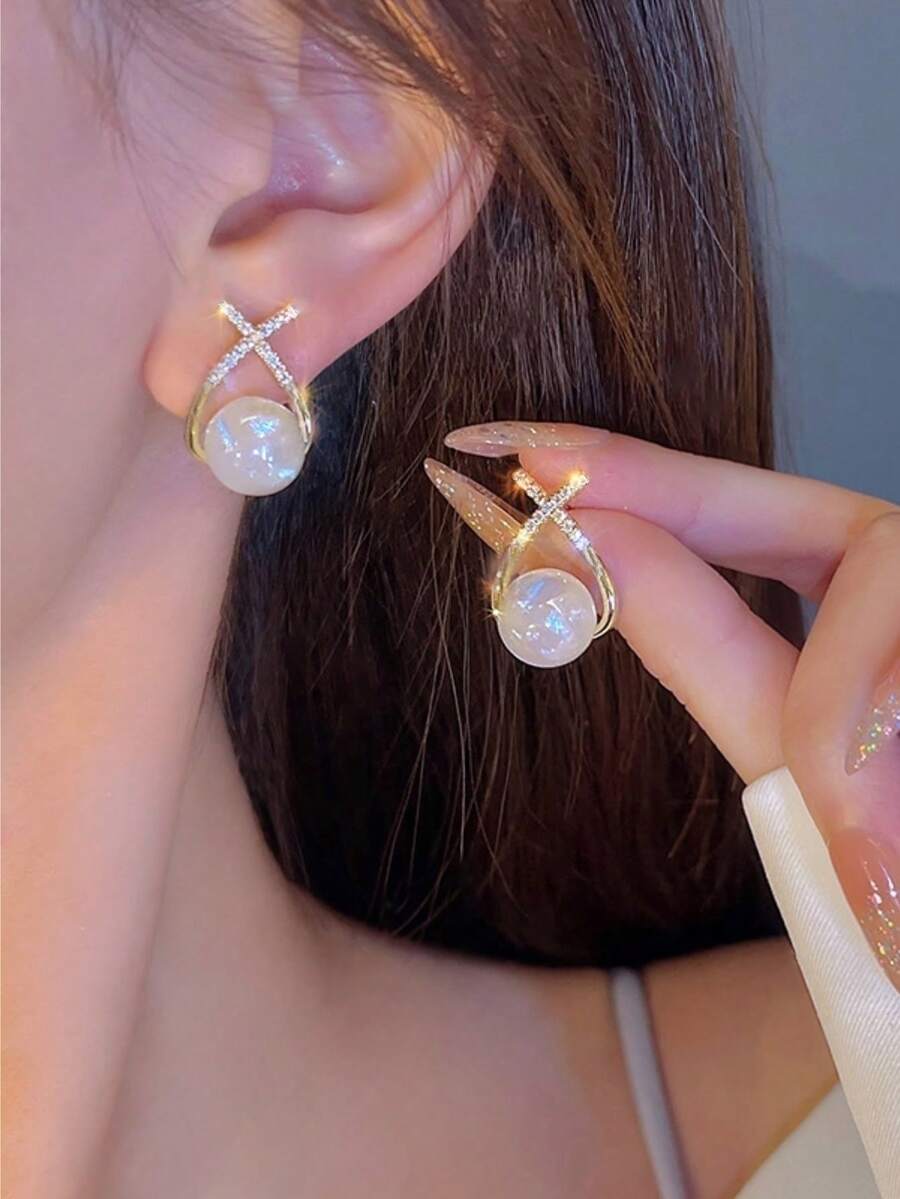 1pair Crossed Rhinestone & Faux Pearl Stud Earrings - Yellow Gold - View 1