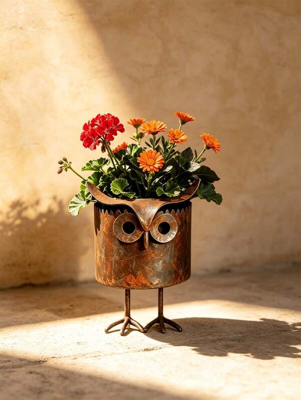 1Pc Rustic Metal Owl Planter Pot, Vintage Distressed Iron Owl Flower Vase With Stand Legs, Cute Animal Shaped Succulent Plant Container, Indoor Outdoor Garden Desktop Decor Ornament For Home Patio Balcony