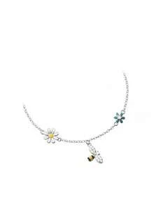 1pc S925 Sterling Silver Mori Style Fresh Ins Rhinestone Daisy & Bee Pendant Bracelet For Women, Sweet Cute Personalized Exquisite Niche Design, Versatile Gentle Commute Elegant Daily Matching Elegant Jewelry, Holiday Gift For Friends Birthday - Flowers - View 5