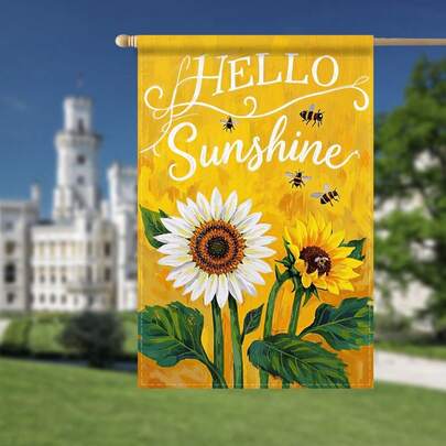 Hello Sunshine "Sunflower And Bee Garden Flag - Vibrant Yellow Polyester Outdoor Decor With Detailed Floral Design, Perfect For Welcoming The Sun (Flag Pole Not Included), Single-Sided Print