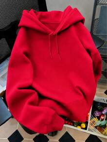 Women Solid Color Gildan Hoodie, Oversized Pullover Sweatshirt, Casual Basic Long Sleeve Top, College Campus Back To School Wear, Fall Daily Outfit - 杜鵑紅 - 查看 6