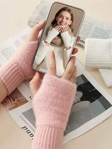 1/2 Pairs Solid Color Fingerless Gloves, Fashionable & Versatile Elastic Fuzzy Gloves For Autumn/Winter, Suitable For Sports, Cycling, Handcraft, Students, Outdoor, Party Wear, Protection - Multicolor - View 15