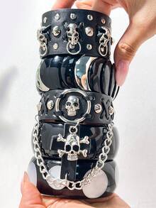 Punk Style Black Resin Bracelet Set Y2K Silver Chain Star Sequin Decor Stackable Bracelets Gothic Style Cool Girl Daily Jewelry Gift - Multicolor a - View 2