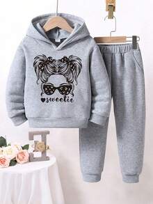Girls' Cartoon Pattern Warm Hoodie And Sweatpants - Grey - View 1