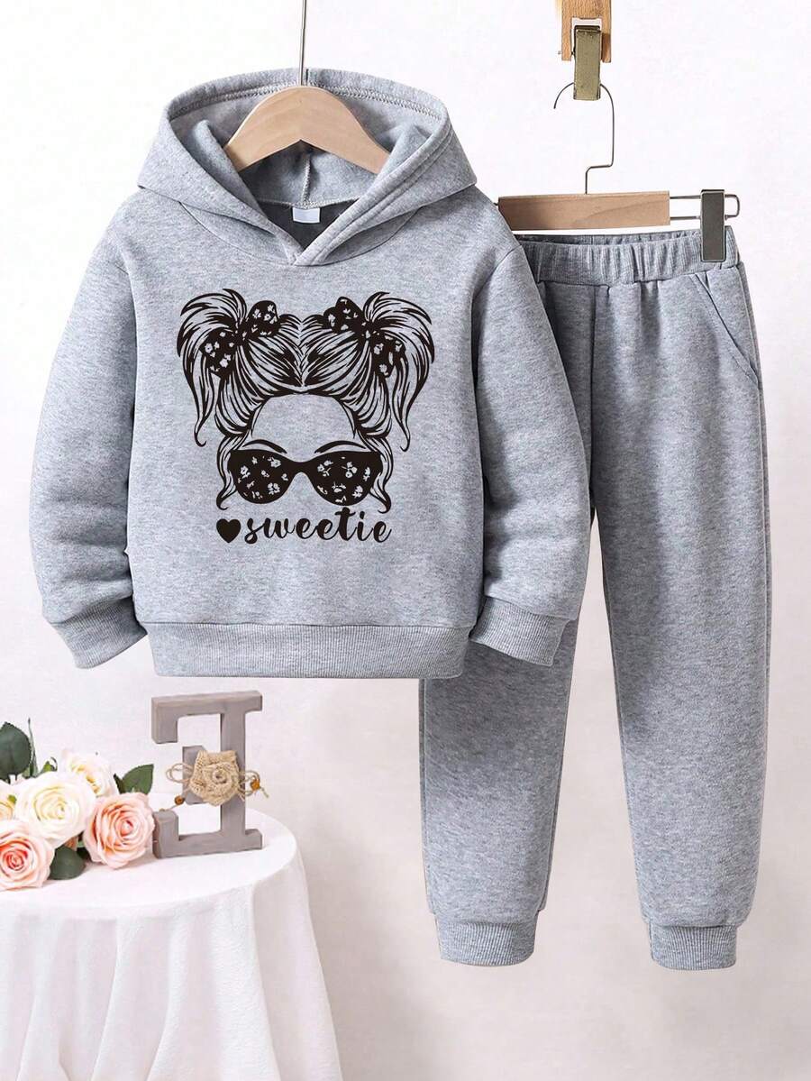 Girls' Cartoon Pattern Warm Hoodie And Sweatpants - Grey - View 1