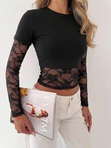NOIRLYN Women's Autumn Y2K 2 In 1 Lace Patchwork Long Sleeve Top, Sexy Fitted Round Neck Layered T-Shirt, Street Style Black - Black - View 6