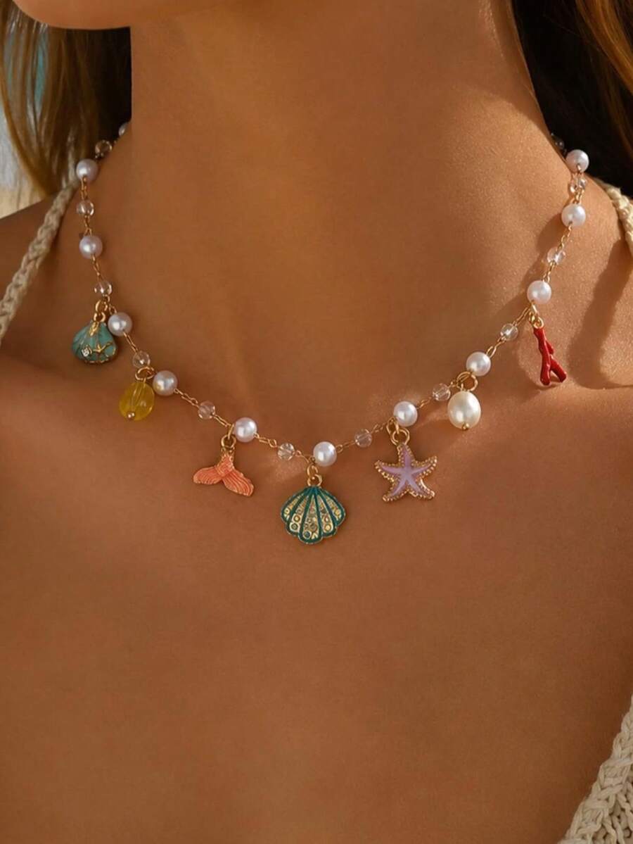 1pc Starfish Shell Faux Pearl Coral Pendant Necklace, Bohemian Style Beaded Shell Collar Necklace - Multicolor - View 1