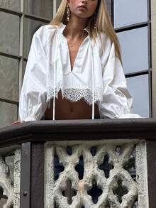 Women's Lace Trim Hem, Tie-Up Ruffle V-Neck Blouse, Spring/Autumn Commute Street Style Shirt - White - View 4