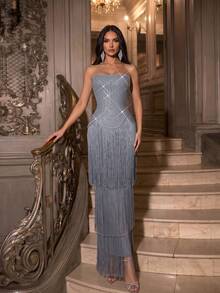 Vestido de noche elegante para mujer, sexy, con hombros descubiertos, espalda descubierta, de lujo, con flecos de strass, largo, tipo vendaje, para boda de otoño - Gris - Ver 1