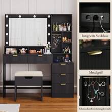 Devoko Modern Vanity Table With Mirror, LED Lighting With 3 Color Modes, 5 Drawers, Open Shelves, Jewelry Hooks And Integrated Power Outlet, Dressing Table For Bedroom, Black - View 6