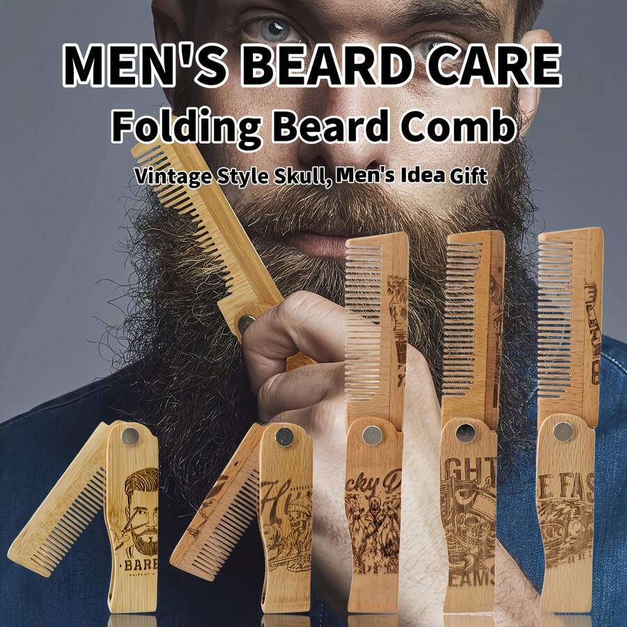 Vintage Folding Beard Comb With Skull Design, Smooth Bamboo Finish And Portable Style, Perfect Grooming Gift For Modern Men!! - Beard Comb - View 1