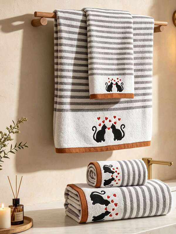 QIBHI 1/3pcs Optional, Cartoon Embroidered 1pc Bath Towel Or 1pc Towel, Home Striped Absorbent Face Towel/Bath Towel, Suitable For Bathroom, Swimming Pool, Different Sizes Sold Separately, Choose Your Preferred Size