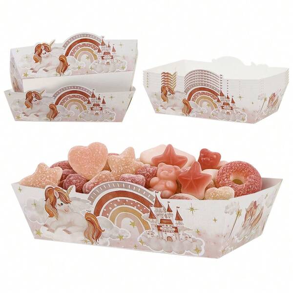 6/12pcs Bohemian Style Brown Unicorn Paper Snack Trays, Disposable Potato Chip Food Boxes, Unicorn Theme Birthday Party Tableware And Decor, Baby Shower