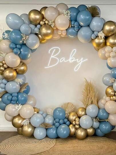 150pcs Gray Blue Gold Latex Balloon Wreath Set, Modern Mixed Color Party Decoration Balloon Wreath, Suitable For Birthdays, Weddings, Coming Of Age Ceremonies, Bachelor Parties, Babyshower, Gender Disclosure, Graduation Ceremony